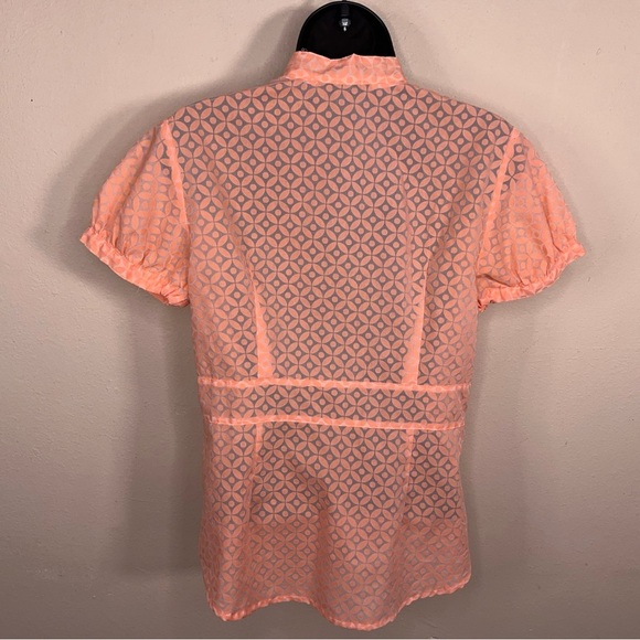 Small Attention Orange Peach Short Sleeve Blouse  Collared Boho Print Semi Sheer - Picture 5 of 12